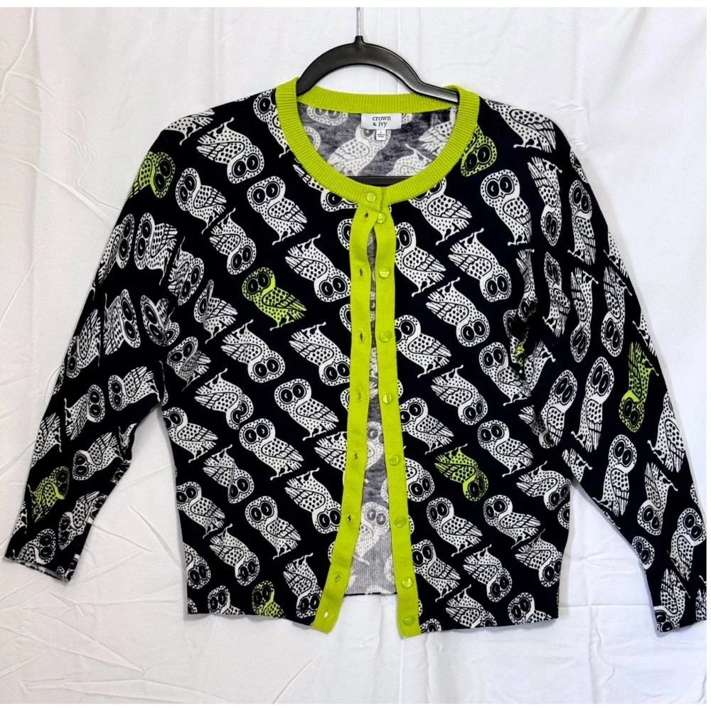 Crown Ivy Owl Print Cardigan Sweater Lime Green and Navy blue Trim Size‎ L